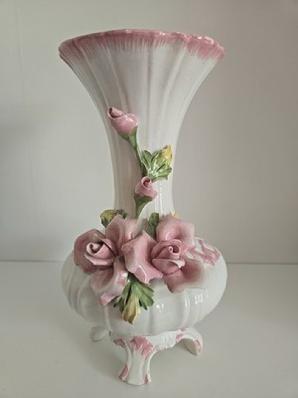 Ceramic Vase White With Pink Flower Handmade Capodimonte Italy